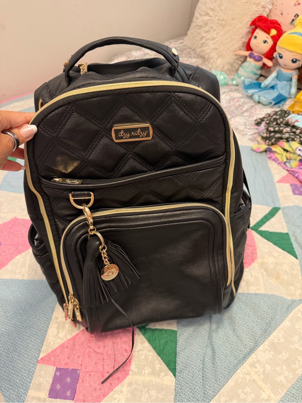 Itzy Ritzy Black Quilted Backpack with Gold Trim